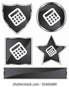 Calculator Icon Set : Black satin and chrome buttons in star, shield, circle and square shapes.