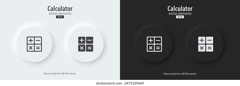Icono de Calculadora. Conjunto de Botones redondos en blanco y negro con símbolos de la Calculadora. Icono en estilo neumórfico de moda. Estilo de diseño de neumorfismo 3D para App, Sitios web e interfaces. Ilustración vectorial