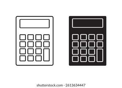 Calculator icon set in black and white, featuring simple outline and filled style.