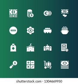 calculator icon set. Collection of 16 filled calculator icons included Money, Trolley, Calculator, School, Gold, Minus