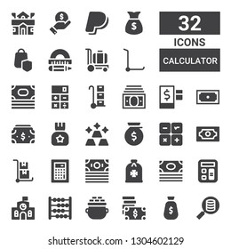 calculator icon set. Collection of 32 filled calculator icons included Money, Gold, Abacus, School, Calculator, Trolley, Credit, Income, Protractor, Secure shopping, Paypal, Finance