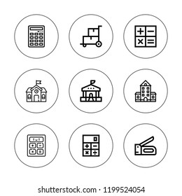 Calculator icon set. collection of 9 outline calculator icons with calculate, calculation, calculator, school, stapler icons. editable icons.