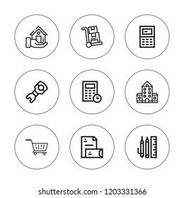 Calculator icon set. collection of 9 outline calculator icons with calculator, real estate, school material, school, trolley, stationery icons. editable icons.