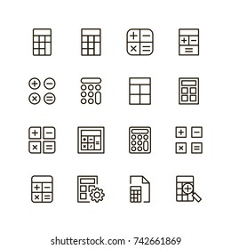 Calculator icon set. Collection of high quality outline calculation pictograms in modern flat style. Black internet symbol for web design and mobile app on white background. Calculator line logo.