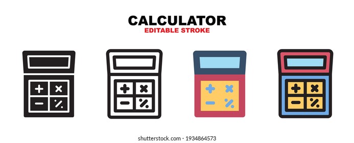 Conjunto de iconos de la calculadora con estilos diferentes. Iconos vectoriales de colores diseñados en color relleno, contorno, plano, glifo y línea. Actrazo editable y píxel perfecto. Se puede usar para web, móvil, ui y más.