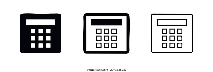 Calculator icon set. Digital arithmetic device symbol with display and keypad. Calculation vector illustration.