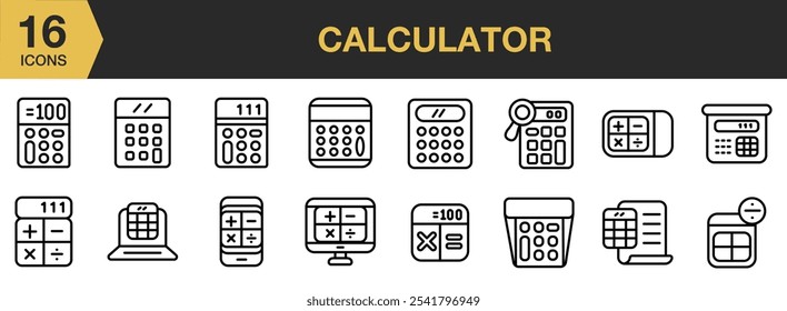 Calculator icon set. Includes cashier, digital, laptop, result, education, and More. Outline icons vector collection.