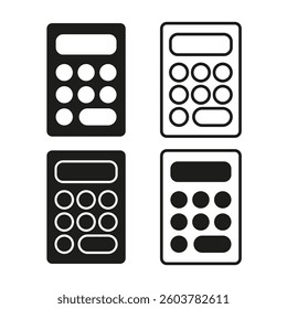 Calculator icon set. Simple numeric keypad. Black and white shapes. Digital finance tool.