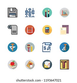 calculator icon set. vector set about floppy disk, abacus, invoice and school material icons set.