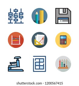 calculator icon set. vector set about floppy disk, abacus, finance book and school material icons set.