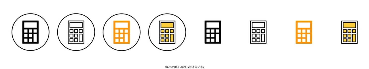 Icon-Set-Vektorgrafik des Taschenrechners. Rechnungsrechner-Zeichen und -Symbol.