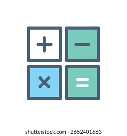 Um ícone da calculadora mostrando sinais de mais, menos, multiplicação e igual. Design plano com cores pastel e cantos arredondados.