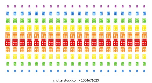 Calculator icon spectral halftone pattern. Vector items arranged into halftone grid with vertical spectrum gradient. Designed for backgrounds, covers, templates and abstraction concepts.
