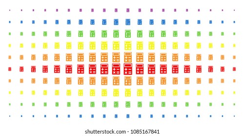 Calculator icon spectrum halftone pattern. Vector calculator objects are arranged into halftone array with vertical rainbow colors gradient. Designed for backgrounds, covers,