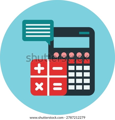 Calculator icon with speech bubble on blue background symbolizing finance calculation and communication