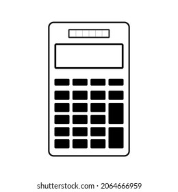 Icono de la calculadora con botones cuadrados y ovalados en blanco y negro sobre fondo blanco. Imagen vectorial.