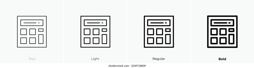 calculator icon. Thin, Light Regular And Bold style design isolated on white background