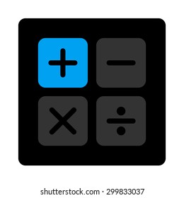 Calculator icon. This flat rounded square black button uses gray and blue colors and isolated on a white background.