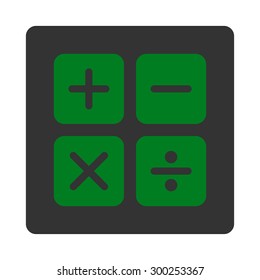 Calculator icon. This flat rounded square button uses green and gray colors and isolated on a white background.