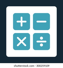 Calculator icon. This flat rounded square button uses blue and white colors and isolated on a dark blue background.