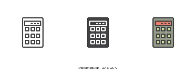 Calculator icon in three styles: clean line, solid glyph, and colorful filled outline. Vector math or finance symbol for accounting or school purposes.