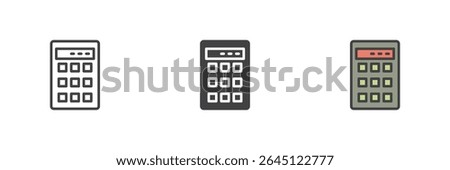 Calculator icon in three styles: clean line, solid glyph, and colorful filled outline. Vector math or finance symbol for accounting or school purposes.