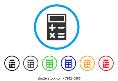 Calculator icon. Vector illustration style is a flat iconic calculator grey rounded symbol inside light blue circle with black, gray, green, blue, red, orange color additional versions.