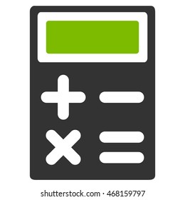Calculator icon. Vector style is bicolor flat iconic symbol with rounded angles, eco green and gray colors, white background.