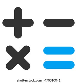 Calculator icon. Vector style is bicolor flat iconic symbol with rounded angles, blue and gray colors, white background.
