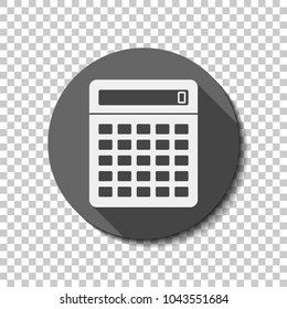 Calculator icon. White flat icon with long shadow in circle on transparent background