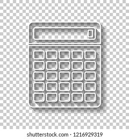 Calculator icon. White outline sign with shadow on transparent background