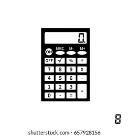 Calculator icons flat design vector illustration. Black silhouette machine isolated on white background. Sign of editing numbers. Template for web design, calculations and computations.
