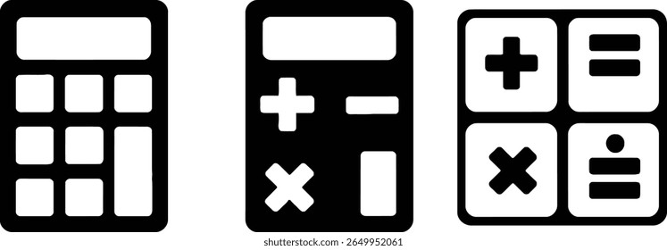 Ícones da calculadora: Branco minimalista em preto, símbolos matemáticos, elementos de design de interface digital.