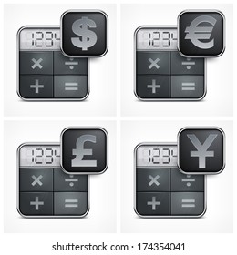 Calculator icons with money symbol on white, vector illustration