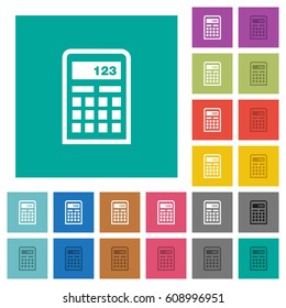 Calculator icons multi colored flat icons on plain square backgrounds. Included white and darker icon variations for hover or active effects.