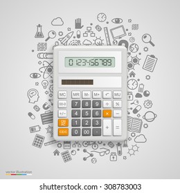 Calculator with icons on background. Vector illustration
