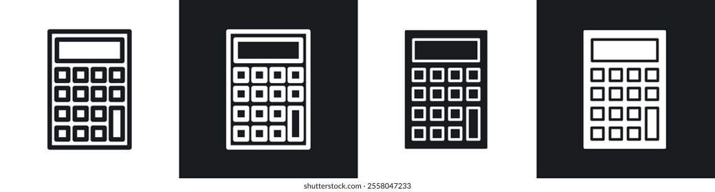 Calculator icons pack in black and white filled and outlined versions.