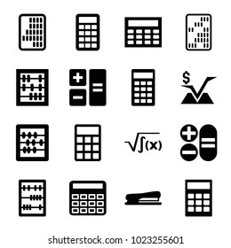 Calculator icons. set of 16 editable filled calculator icons such as calculator, abacus, calclator, stapler, mathematical square