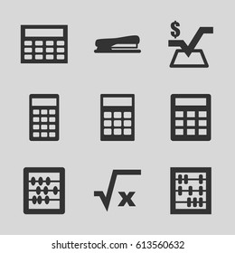 Calculator icons set. set of 9 calculator filled icons such as abacus, mathematical square, calculator, stapler, calclator