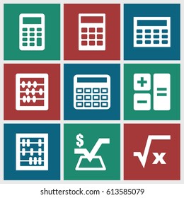 Calculator icons set. set of 9 calculator filled icons such as calculator, abacus, mathematical square, calclator