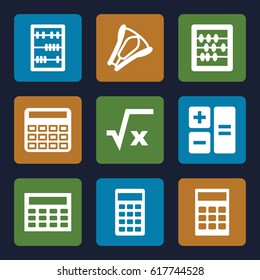 Calculator icons set. set of 9 calculator filled icons such as calculator, abacus, stapler, calclator