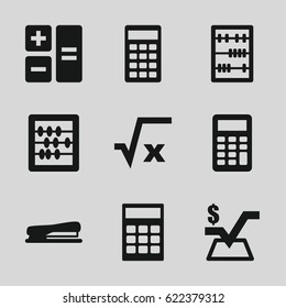 Calculator icons set. set of 9 calculator filled icons such as abacus, mathematical square, calculator, stapler