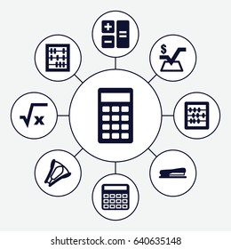 Calculator icons set. set of 9 calculator filled icons such as calculator, abacus, mathematical square, stapler