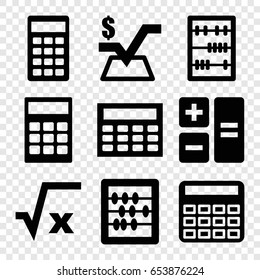 Calculator icons set. set of 9 calculator filled icons such as calculator, abacus, mathematical square, calclator