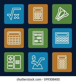 calculator icons set. Set of 9 calculator outline icons such as calculator, mathematical square, abacus, stapler, square root