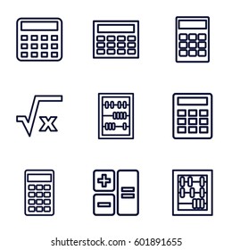 calculator icons set. Set of 9 calculator outline icons such as calculator, abacus, square root