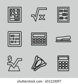 Calculator icons set. set of 9 calculator outline icons such as abacus, mathematical square, stapler, square root, calculator