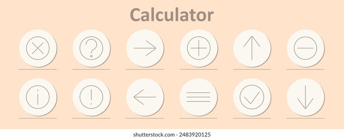 Calculator icons set. Arithmetic symbols, plus, minus, multiply, divide, equal, information, question, checkmark, arrow, directions. Line icons on beige background