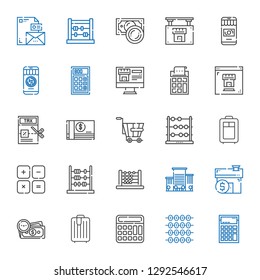 calculator icons set. Collection of calculator with abacus, trolley, money, mortgage, office, maths, tax, real estate, stationary. Editable and scalable calculator icons.