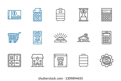 calculator icons set. Collection of calculator with money, trolley, real estate, school, math, gold, calculating, time is money. Editable and scalable calculator icons.